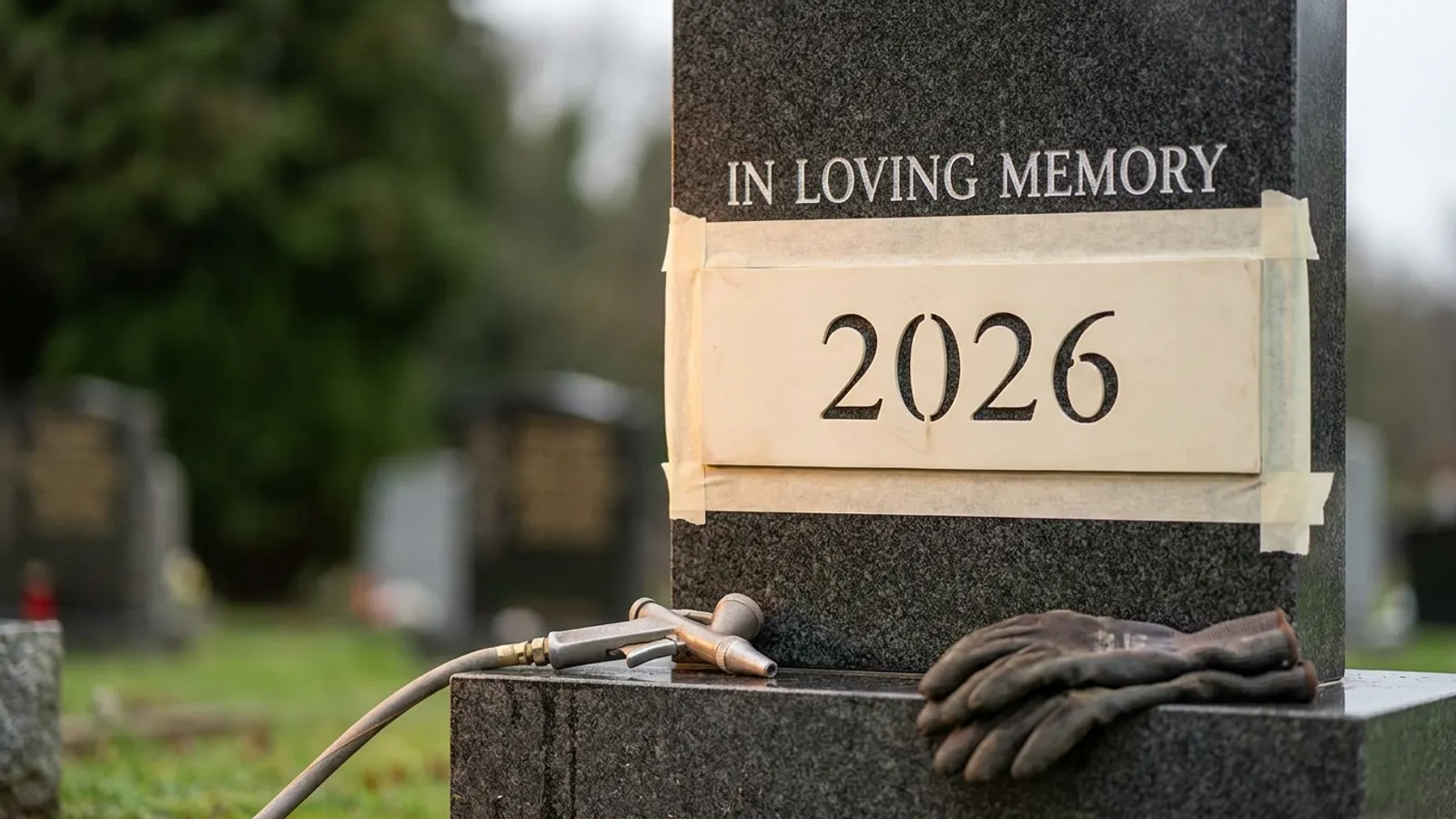 A sandblast stencil with a new year cut out, taped to an upright gray granite headstone at a cemetery, with the engraver’s nozzle and gloves on the base