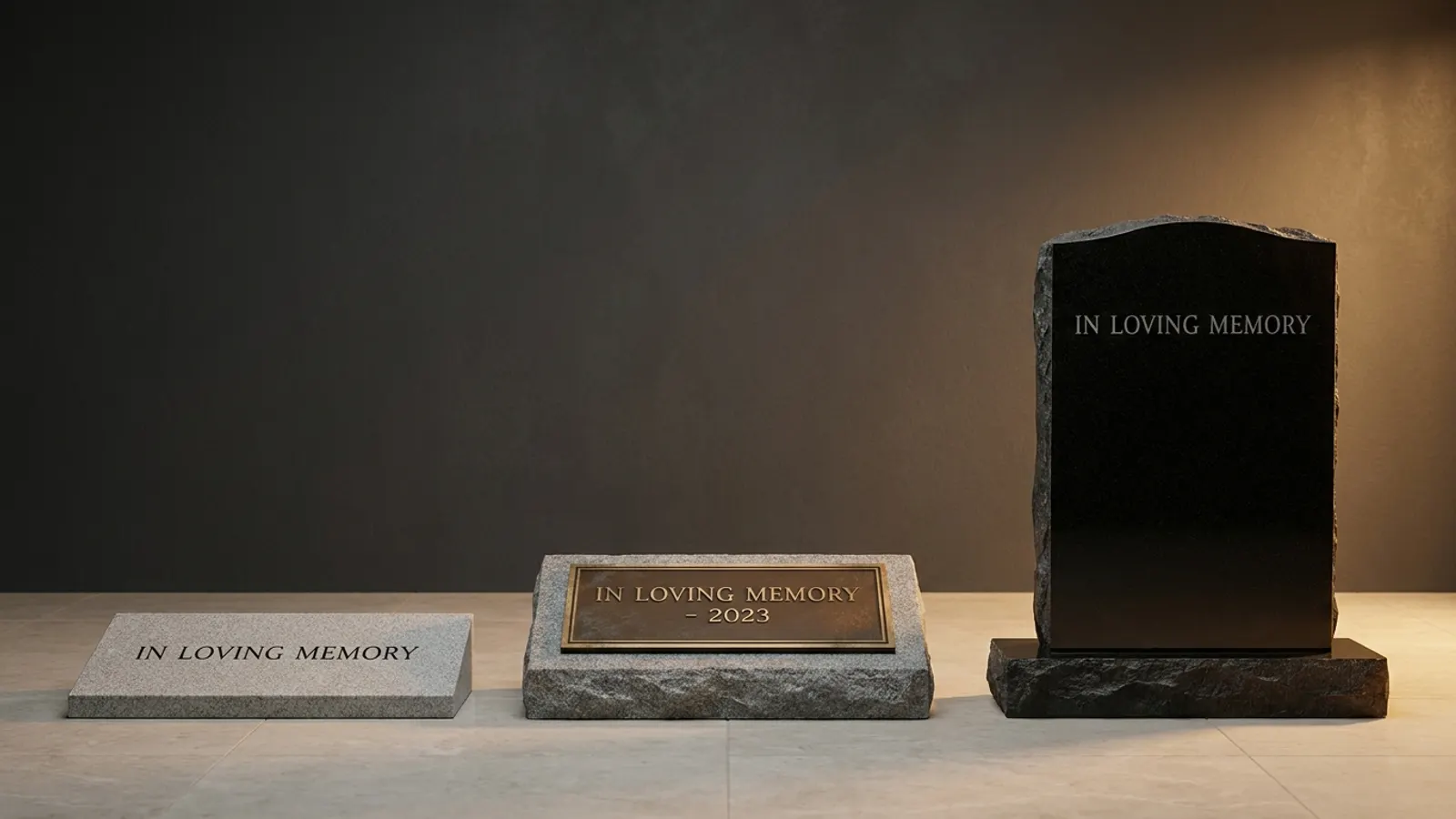 A flat gray granite marker, a bronze plaque on a granite base and a polished black upright headstone displayed side by side